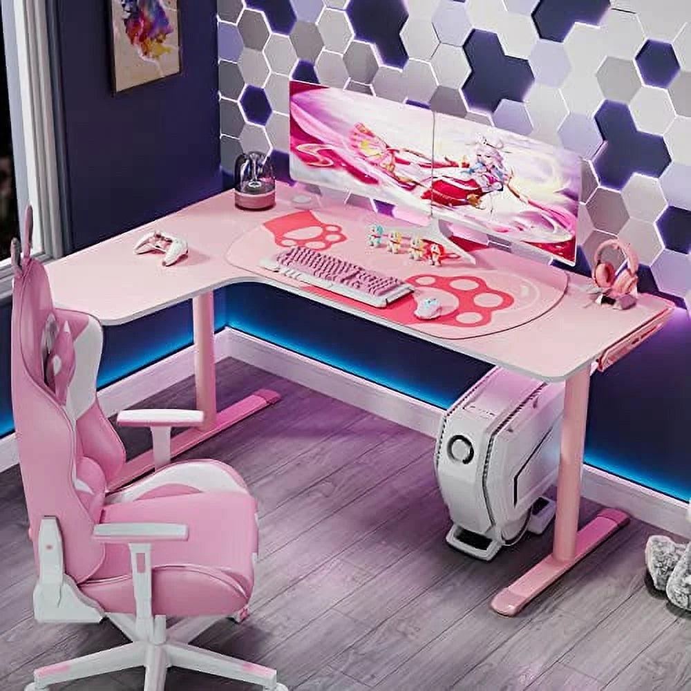 Pink L Shape Gaming Desk with Cable Management P366