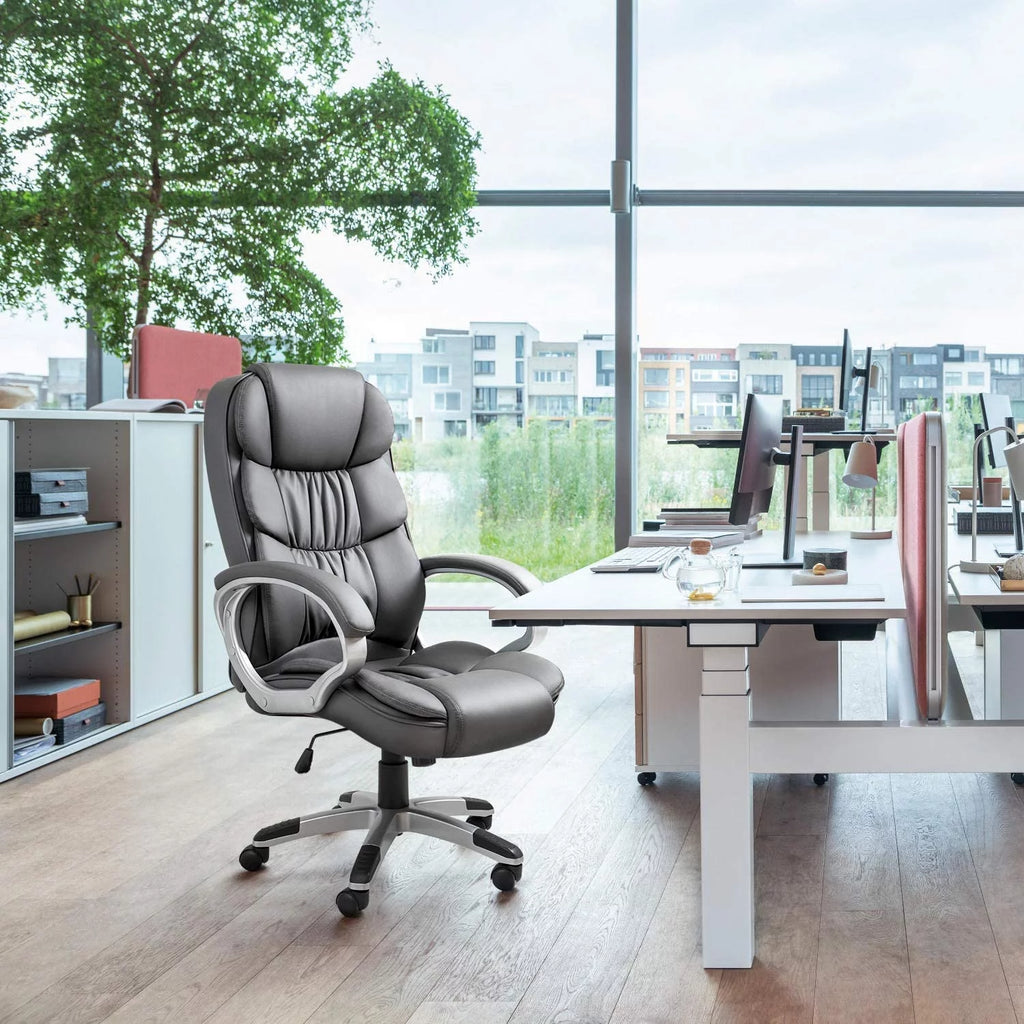 Gray High Back Leather Office Chair with Lumbar Support P61366