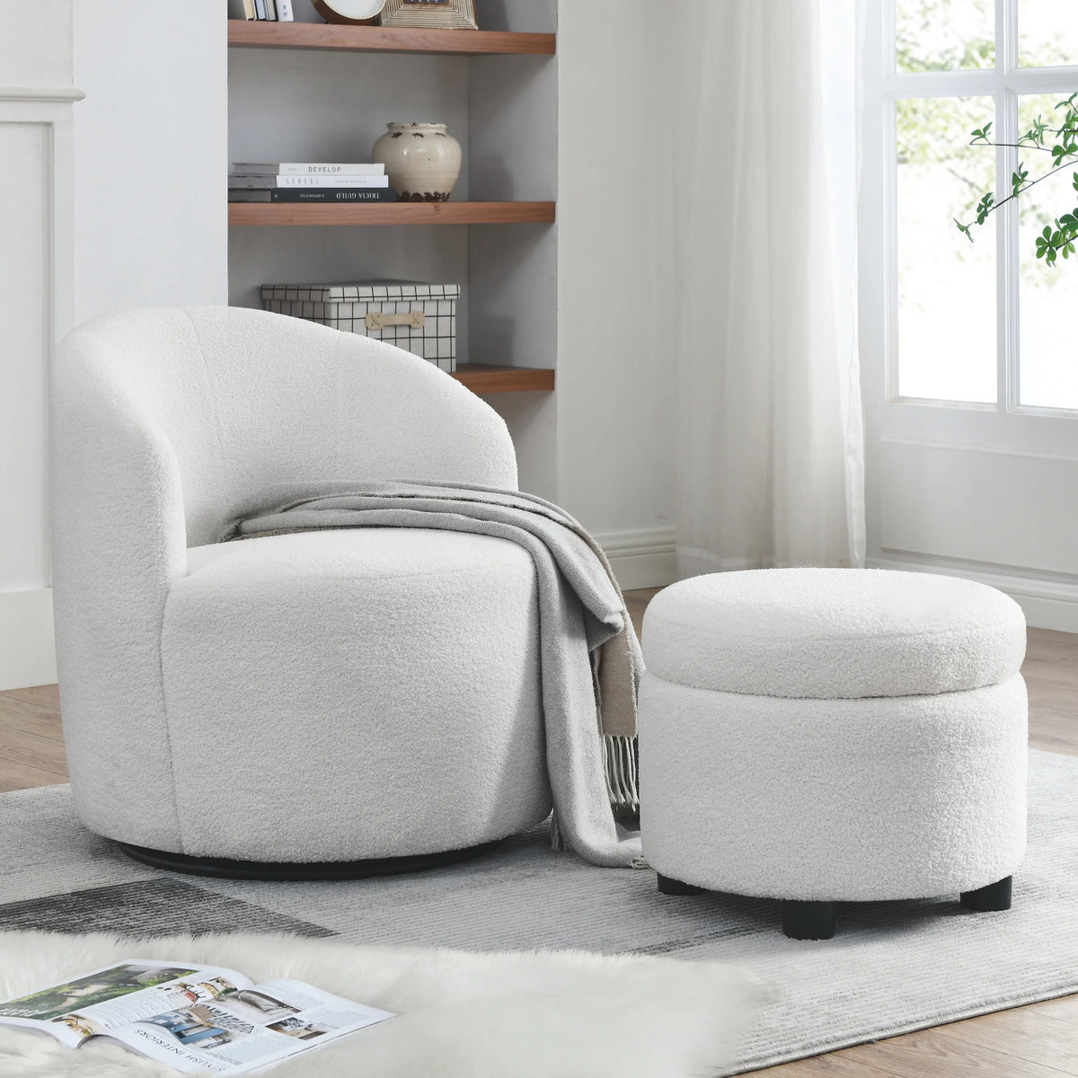 Swivel Barrel Chair with Round Storage Teddy Fabric Upholstery W5146