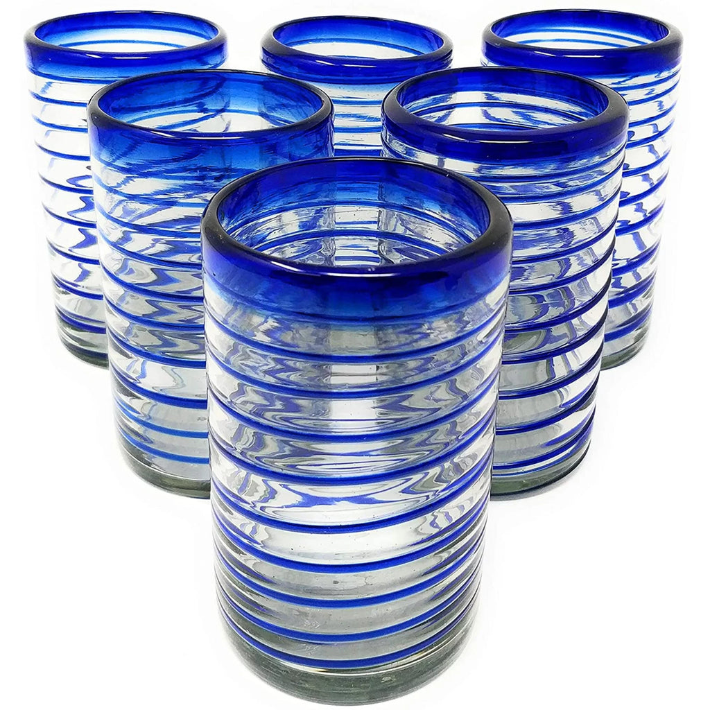 Hand Blown Drinking Glasses Set of 6 Blue Spiral 14 oz N84912