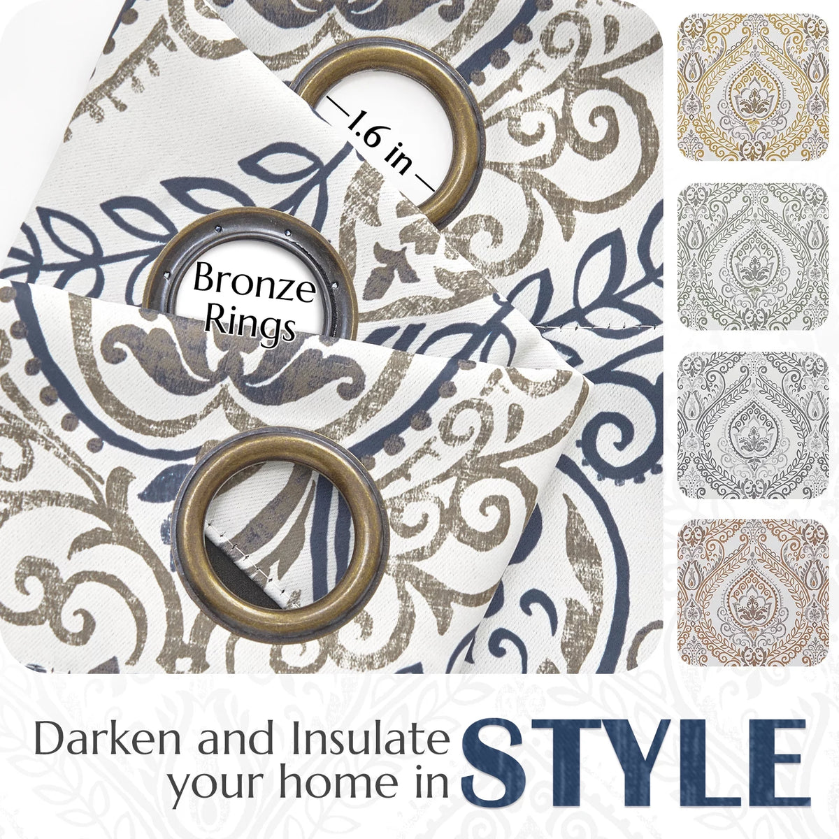 100% Blackout Blue Damask Medallion Curtains 96 in 2 Panels J956695