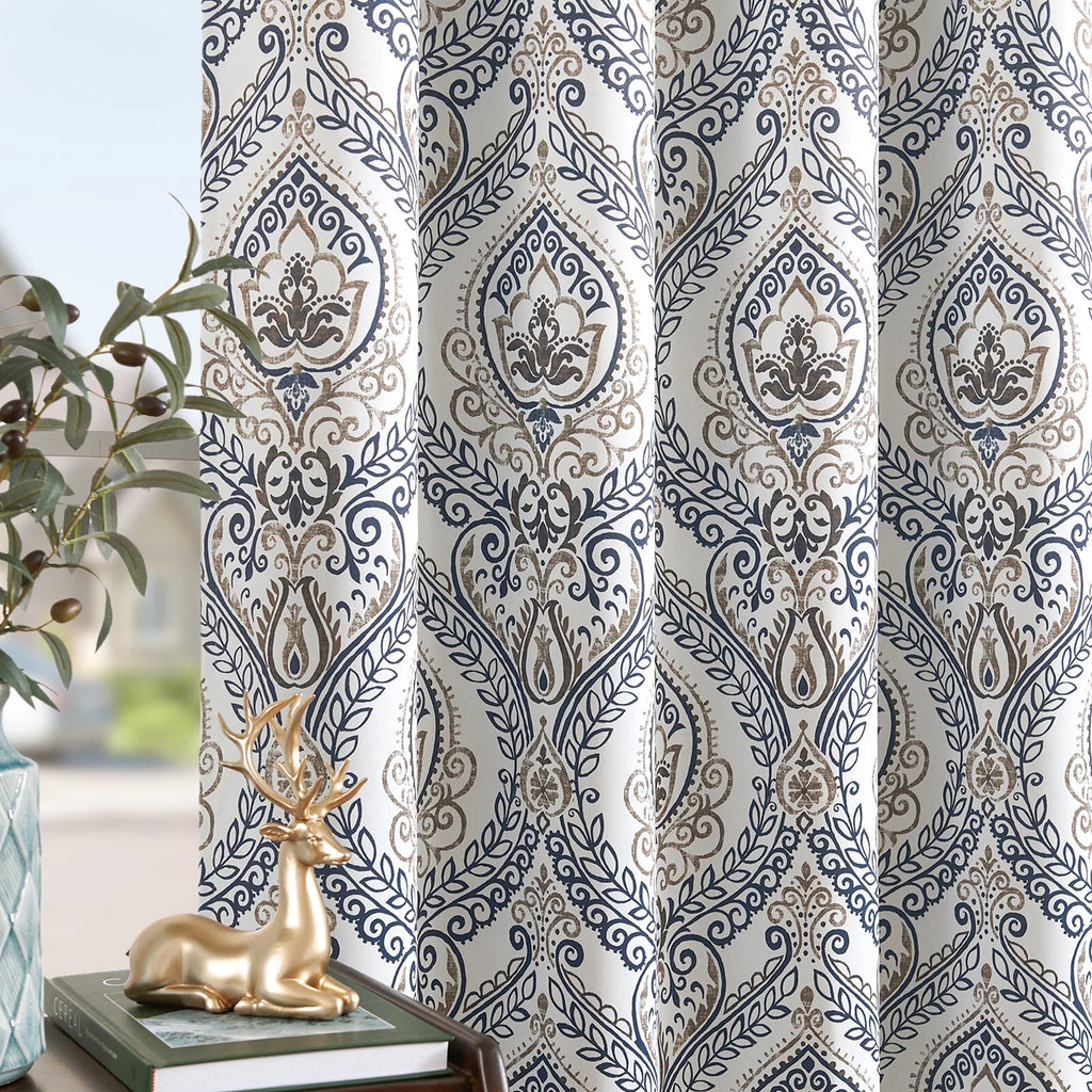 100% Blackout Blue Damask Medallion Curtains 96 in 2 Panels J956695