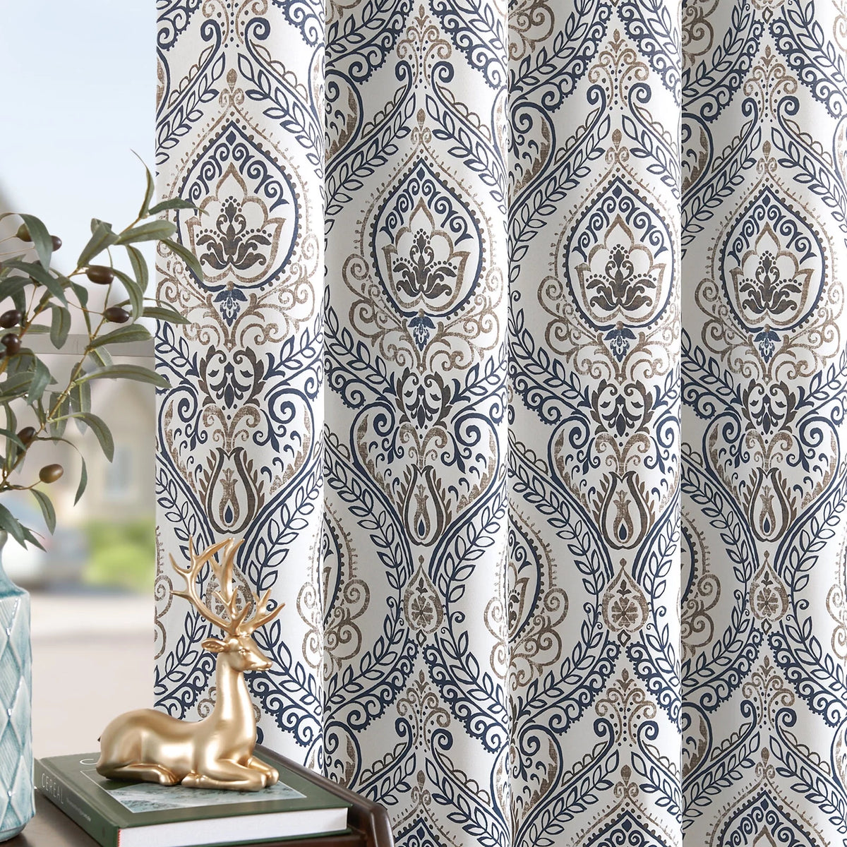 100% Blackout Blue Damask Medallion Curtains 96 in 2 Panels J956695