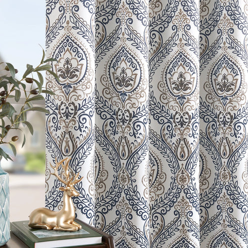 100% Blackout Blue Damask Medallion Curtains 96 in 2 Panels J956695