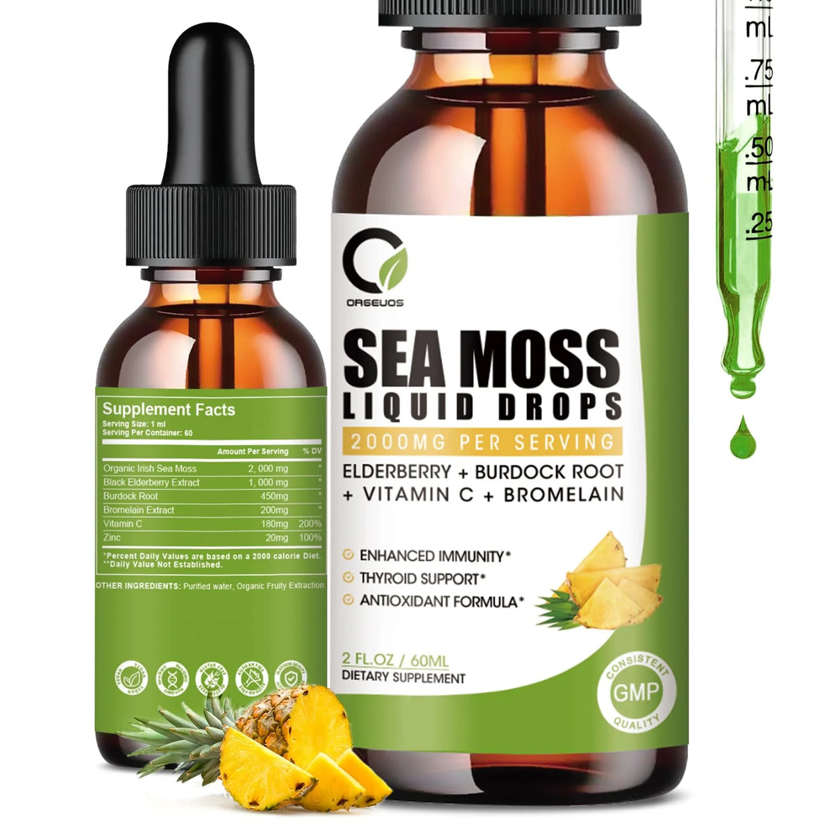 2000mg Sea Moss Drops with Black Elderberry, Burdock Root, Bromelain, Vitamin C and Zinc, 2 Fl.Oz Pineapple Flavor N51525