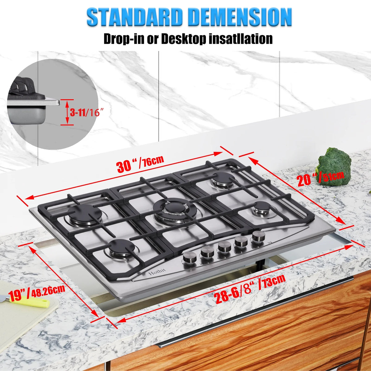 30 inch 5 Burner Stainless Steel Gas Cooktop V60618