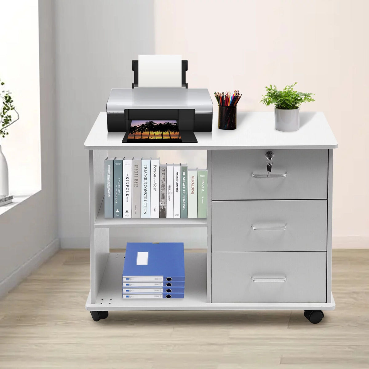 Rolling Printer Stand Mobile File Cabinet with Drawers and Open Storage Shelves B278