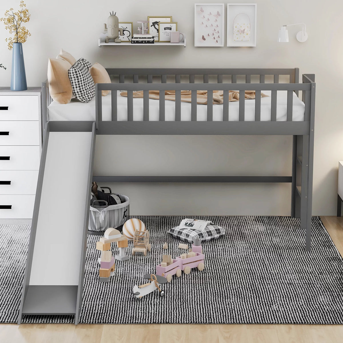 Wood Twin Loft Bed with Ladder and Slide, Gray Y5887
