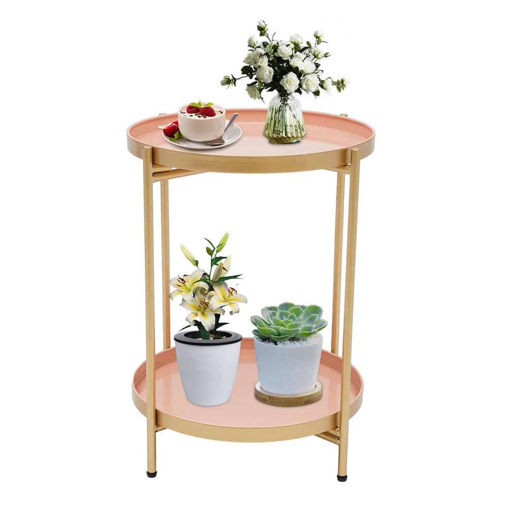 2 Tier Round Metal Side Table with Removable Tray T853489