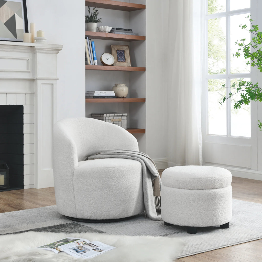 Swivel Barrel Chair with Round Storage Teddy Fabric Upholstery W5146