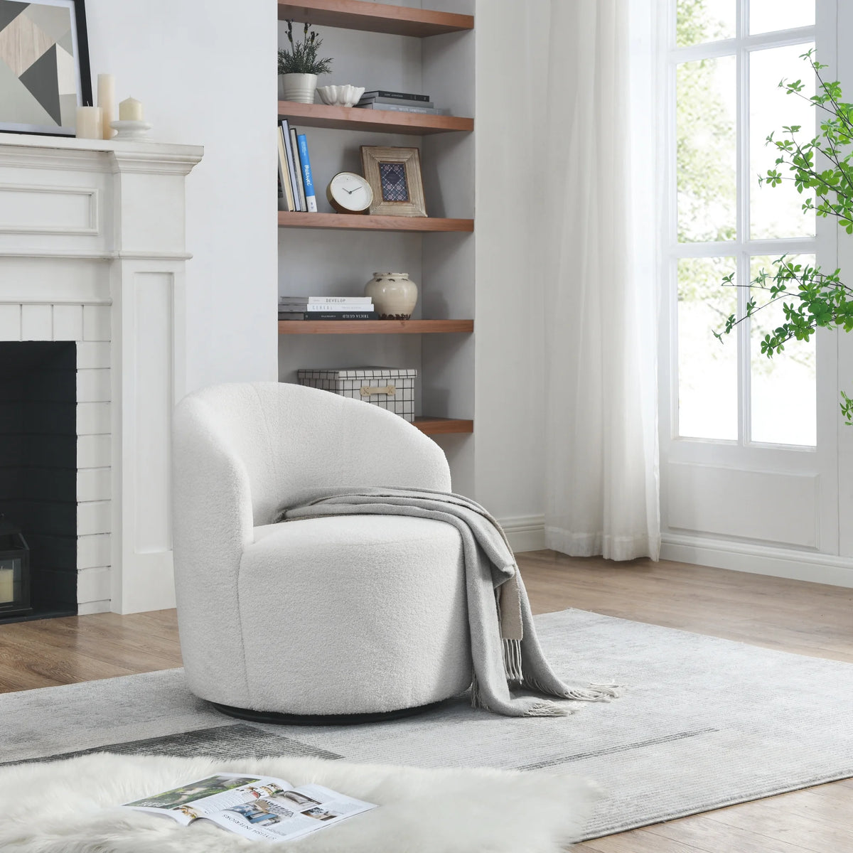 Swivel Barrel Chair with Round Storage Teddy Fabric Upholstery W5146