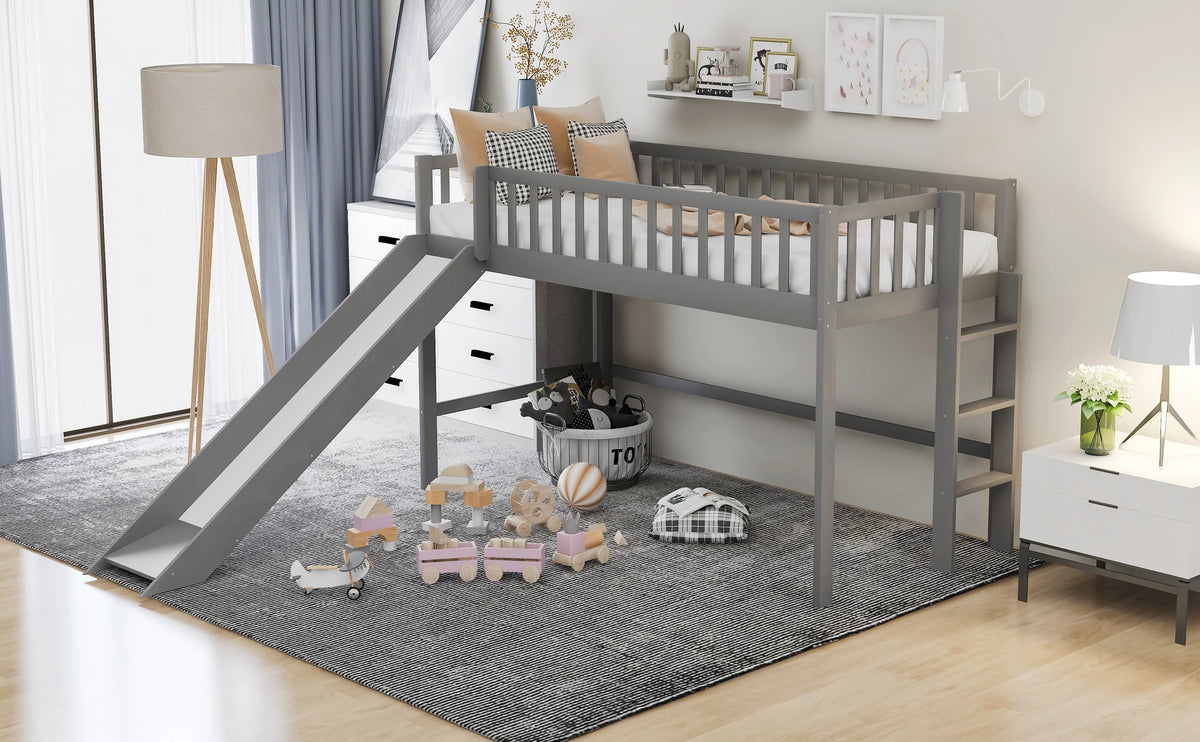 Wood Twin Loft Bed with Ladder and Slide, Gray Y5887