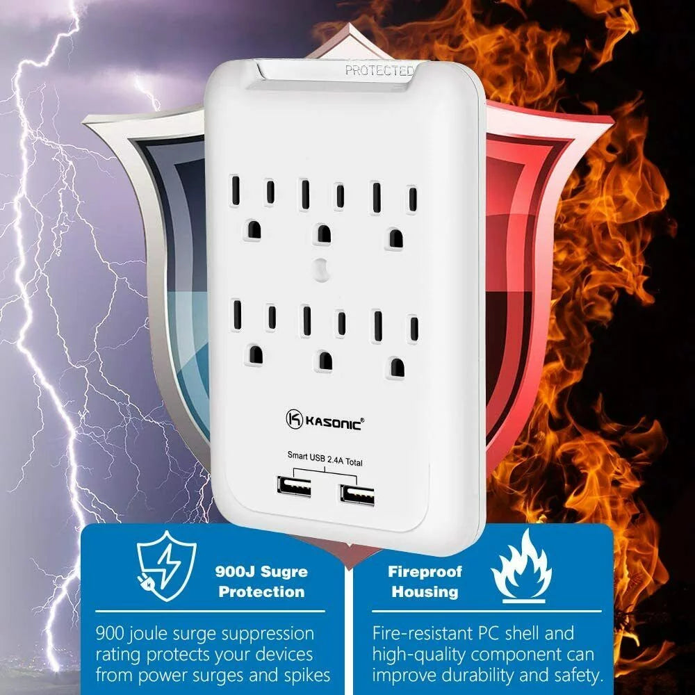 6-Outlet Wall Mount Surge Protector 2 Pack, 900 Joules with 2 USB Charging Ports C80785