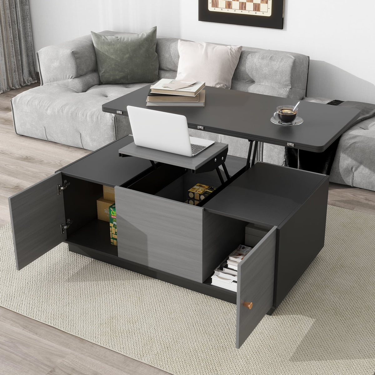 Gray Lift-top Coffee Table with 2 Storage Cabinets N52935