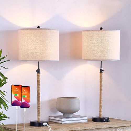 Rattan Buffet Table Lamp Set of 2 Adjustable with USB Ports H8098