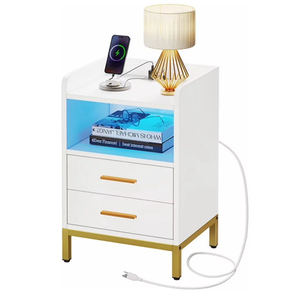 White 3 Drawer Side Table with Charging Station J680