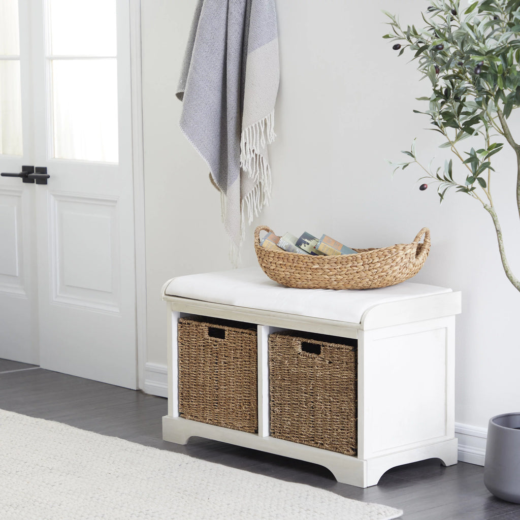 White Wood Storage Bench with Cushion Seat Y79002
