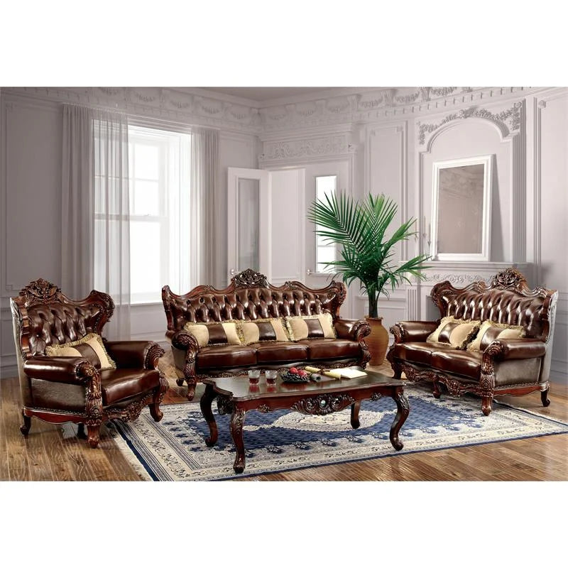 Dark Oak Top Grain Leather Tufted Sofa V184