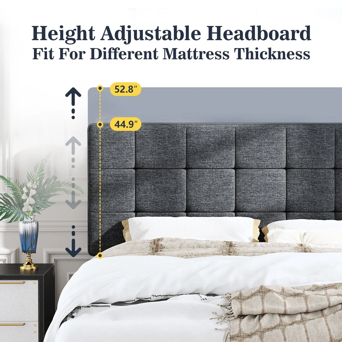 Queen Size Grey Upholstered Panel Platform Bed Frame V7536