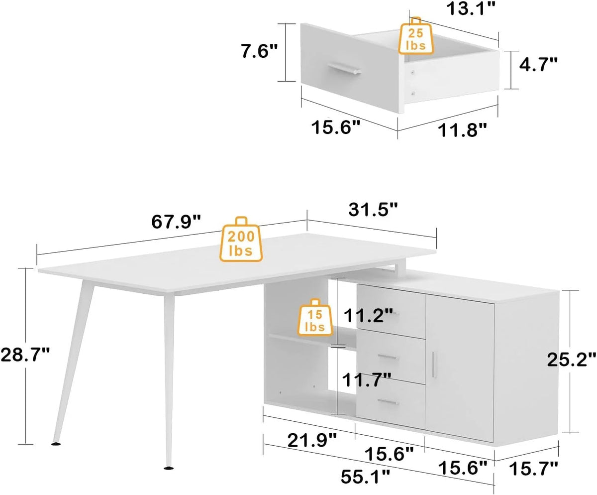 White L-Shaped Desk with 3 Drawers and Shelves A70408