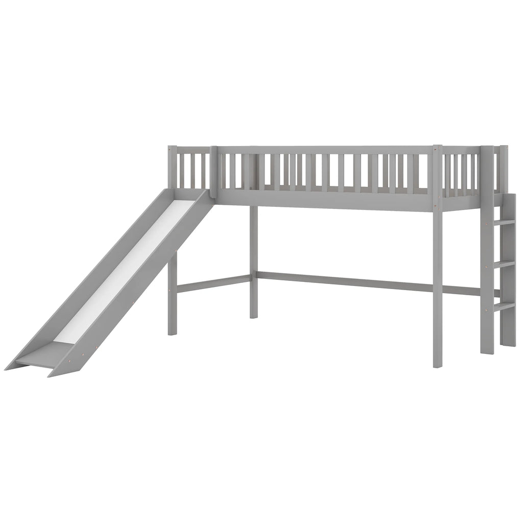 Wood Twin Loft Bed with Ladder and Slide, Gray Y5887
